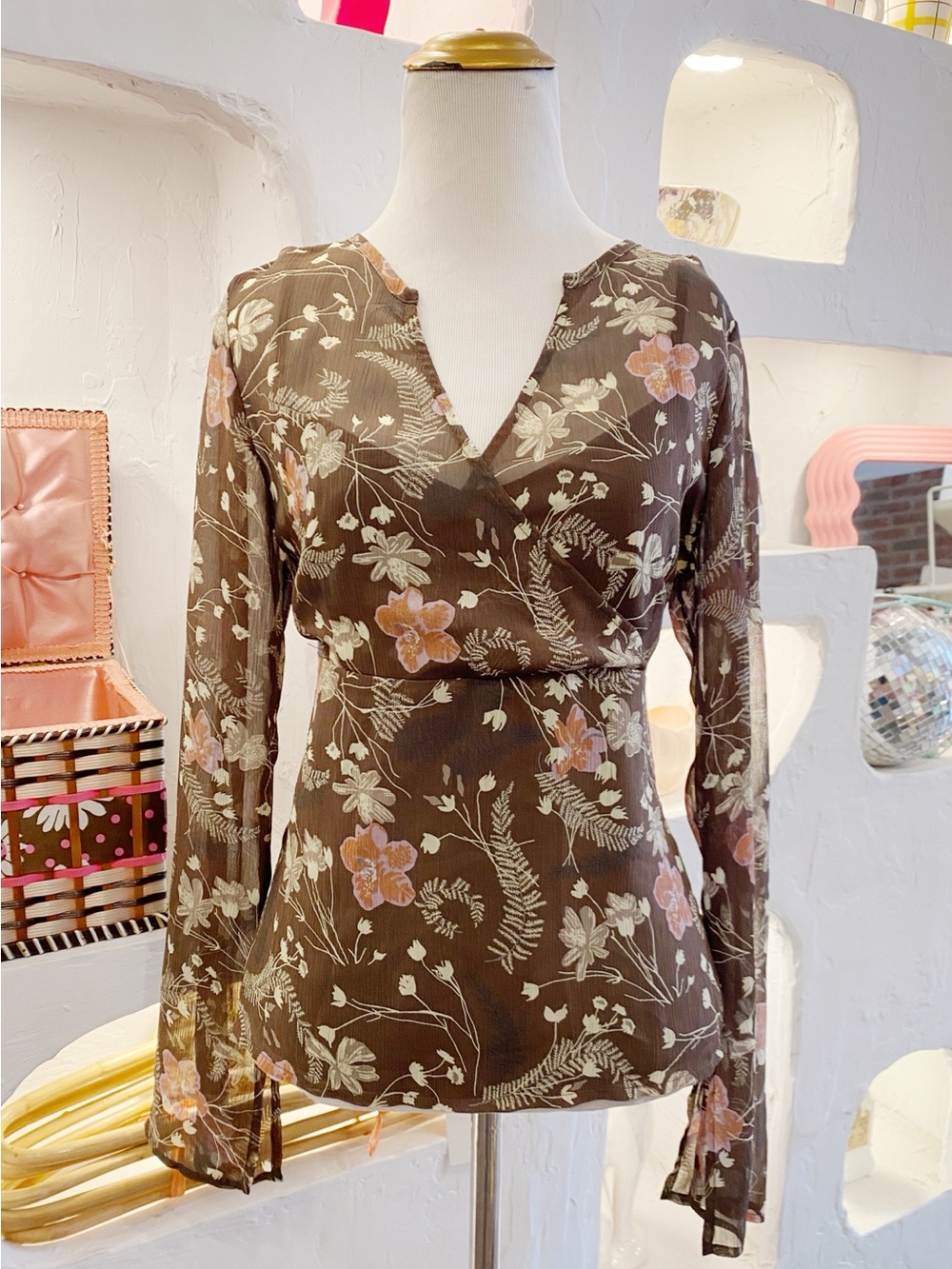 Brown Floral Long-Sleeve Blouse